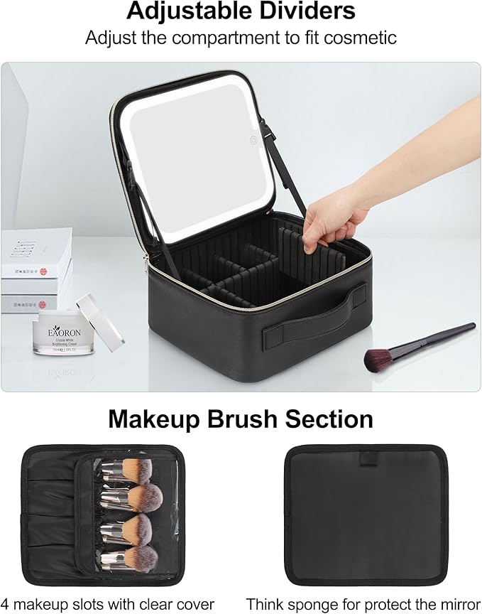 Chomeiu Makeup Bag with LED Mirror, Travel Makeup Case for Women and Makeup Artists Cosmetic Organizer Large Make Up Bags with Light Up Mirror, 3 Color Lights, Adjustable Dividers and Brush Holder
