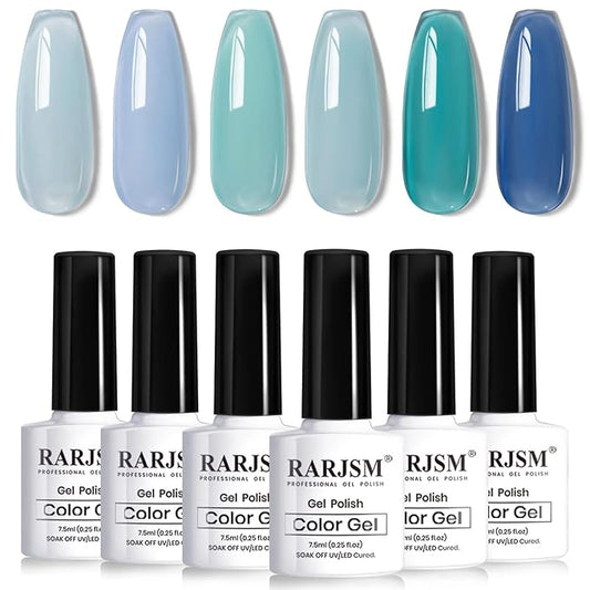 RARJSM Blue Jelly Gel Nail Polish Set 6pcs Clear Crytal Glass Light Royal Navy Blue Series Transparent Sheer Amber Milky Gel Varnish LED UV Curing Requires Soak off French Manicure Home Salon