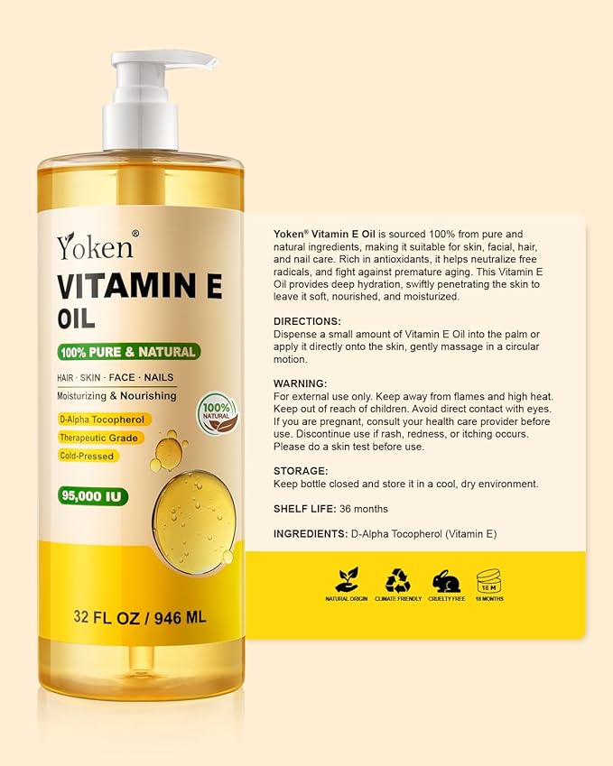 Yoken Vitamin E Oil 32 Fl Oz Organic Vitamin E oil for Skin 95,000 IU Vitamine oils for Scars Hair,Face,Nail,Scalp Perfect DIY Bath and Body Oil Cold Pressed Hexane Free Non-GMO Gluten Free Formula