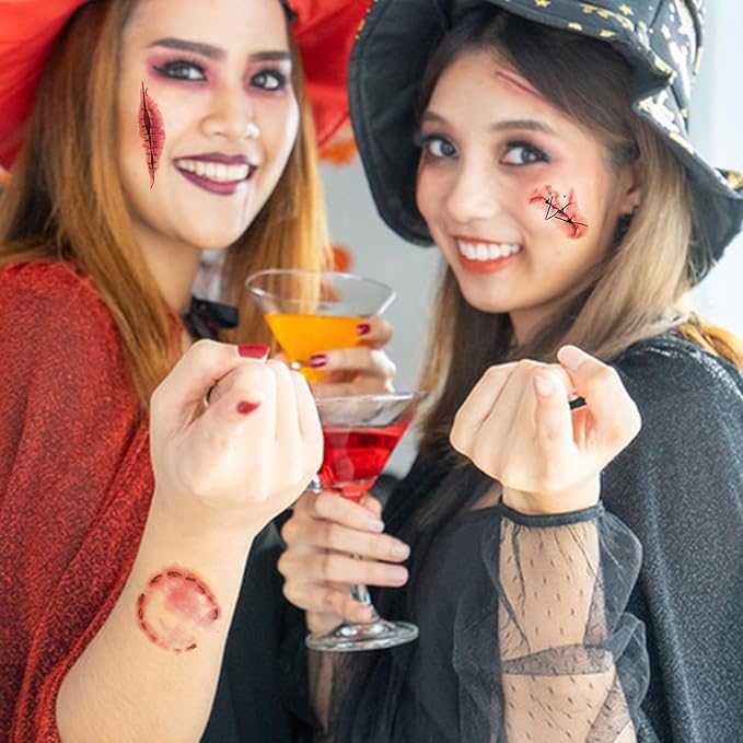 10 Sheets Halloween Zombie Scar Temporary Tattoos, Fake Bloody Wound Stitch Scab Body Face Waterproof Tattoo Stickers Masquerade Prank Makeup Props