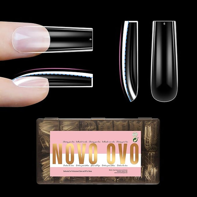 NOVO OVO Long Square Nail Tips SCULPTED (Not NATURAL) for Curved Nail Beds, Extra Thick L Length False Nails Press on, Full Cover Soft Gel Fake Nail Extension, Salon DIY x 15 Sizes 450 pcs