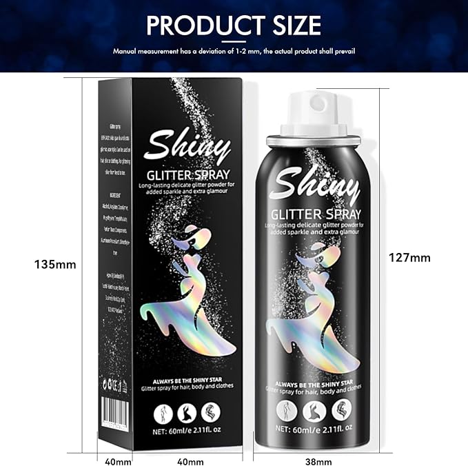 Body Glitter, Body Glitter Spray, Glitter Spray for Hair and Body, Long-Lasting and Quick-Drying Silver Glitter Hairspray Suitable for Stage, Festival Rave and Makeup Prom (2.11 Fl Oz)