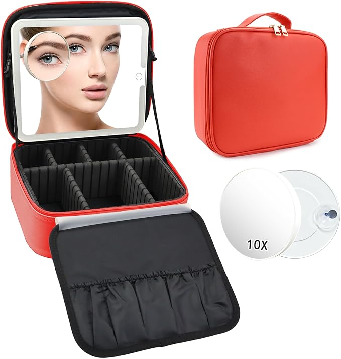 Travel Makeup Bag with LED Mirror and 10x magnifying glass with 3 Lighted Settings, Adjustable Dividers and Makeup Brush Storage Bag Red