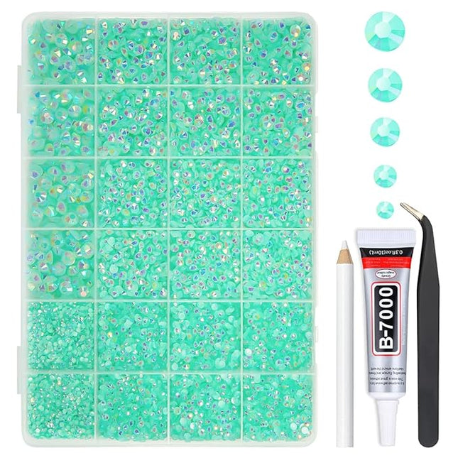 qiipii Aquamarine Green AB Resin Rhinestones w B7000 Jewelry Glue for Bedazzling Crafting 2mm-6mm Flatback Jelly Stones Diamonds Bedazzler Kit for Nails Face Eyes Makeup Tumblers Bottles Crafts Shoes