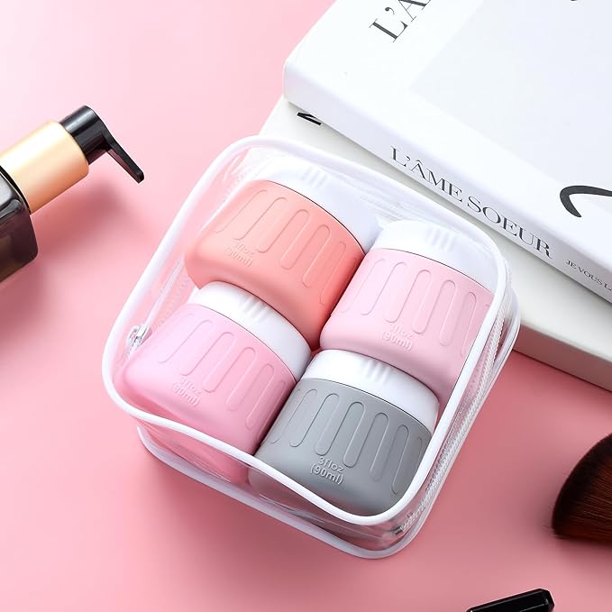 Gemice 3 oz Travel Containers for Toiletries, 4-Pack TSA Approved Travel Size Toiletries Containers for On-the-Go, Small Leak-Proof Travel Essentials Silicone Jar for Shampoo, Lotions, Cleanser