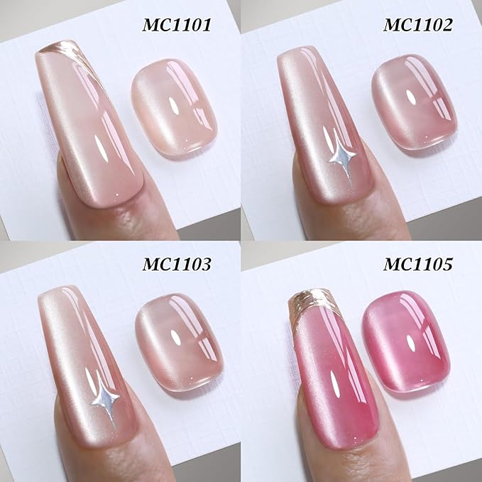 Double Rhythm Cat Eye Gel Polish Set 6 Colors Shimmer Glitter with Magnet Holographic Reflective Magnetic UV Gel Polish Art Kit (Glass Jelly Nude Pink 6-Kit 35)