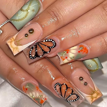 RUOKEXIN Long Square Press on Nails French Tip Fake Nails Gold Glitter False Nails with 3D Butterfly Designs Long Glue on Nails Sparkly Artificial Nails Cute Stick on Nails for Women 24Pcs