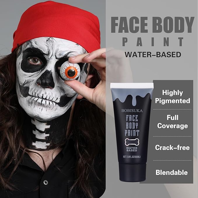 BOBISUKA Black Face Body Paint, Water Based Face Painting for Art Theater Halloween Party Cosplay Clown SFX Makeup for Women Adults, Non-Toxic Washable