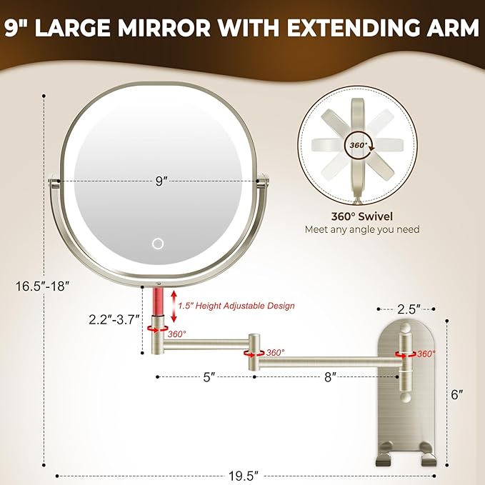 9" Wall Mounted Lighted Makeup Mirror, 3000mAh Rechargeable Double Sided 1X/10X Magnifying Mirror with Hook, 3 Color Lights Dimmable 360° Rotation Vanity Mirror for Bathroom
