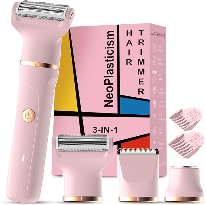 Bikini Trimmer for Women, 3 in 1 Electric Shaver for Womens,Painless Personal Body Hair Groomer,Smooth Hair Trimmer for Pubic Hair,USB-C Charger,IPX7 Waterproof,Ceramic Blades,Peach