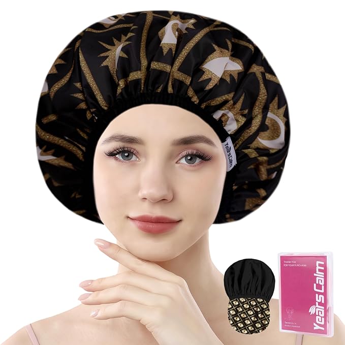 Years Calm Evil Eye Shower Caps for Women Reusable Waterproof, Pattern and Solid Color Dual-Layer Design, Hair Cap for Shower with Elastic Band, Fits Braids, Dreadlocks & Long Hair (Black)