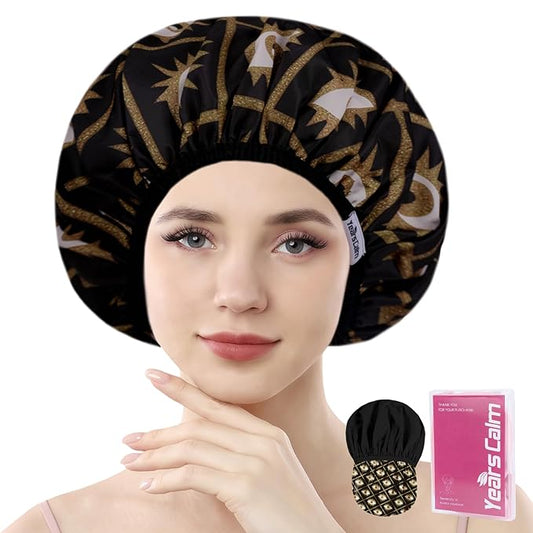 Years Calm Evil Eye Shower Caps for Women Reusable Waterproof, Pattern and Solid Color Dual-Layer Design, Hair Cap for Shower with Elastic Band, Fits Braids, Dreadlocks & Long Hair (Black)