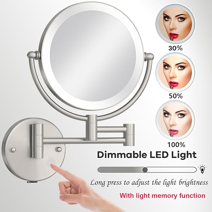 8 Inch Rechargeable Brass Lighted Magnifying Mirror Wall Mounted, 1X/5X Double-Sided Bathroom Personal Makeup Mirror with Light, Brushed Nickel