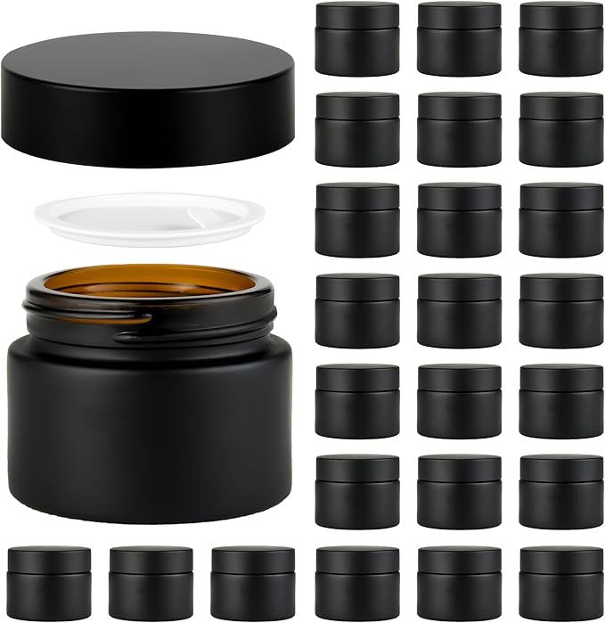 2 oz Reusable Black Glass Container Jars 24 Pack with Wide-mouth Leak Proof Cap and Inner Pull-On Lid for Travel Storage Makeup, Face Creams, Body Lotions, DIY Crafts or Others