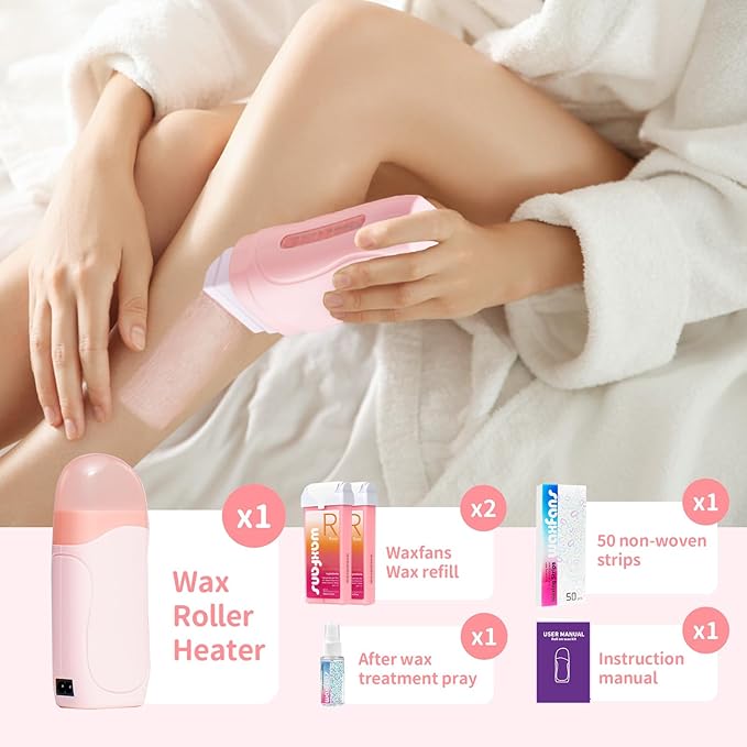 Wax Roller Kit- Easy Use Roll on Wax Kit with 4-6 Weeks Smooth Skin,Hair Remover for Larger Areas of the Body, Beginner-Friendly,with 50 Pcs Strips and 2 wax roller（Rose)