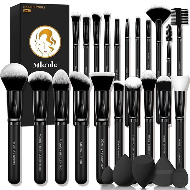 Makeup Brushes Set, Mlemle Professional 26 Pcs Makeup Kit, Include Powder Foundation Concealers Blush Eye shadows Eyebrow 21 Pcs Makeup Brushes and 2 Powder Puff, 3 Makeup Sponge(A01-Black)