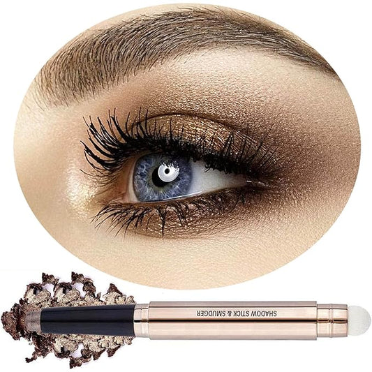 2 in 1 Cocoa Brown Eyeshadow Sticks and Sponge Makeup Brush Silky Cream Glitter Eyeshadow Pencil Crayon Long Lasting Waterproof Eye shadow Highlighter Stick Pen(Thriving brown shimmer 07#)