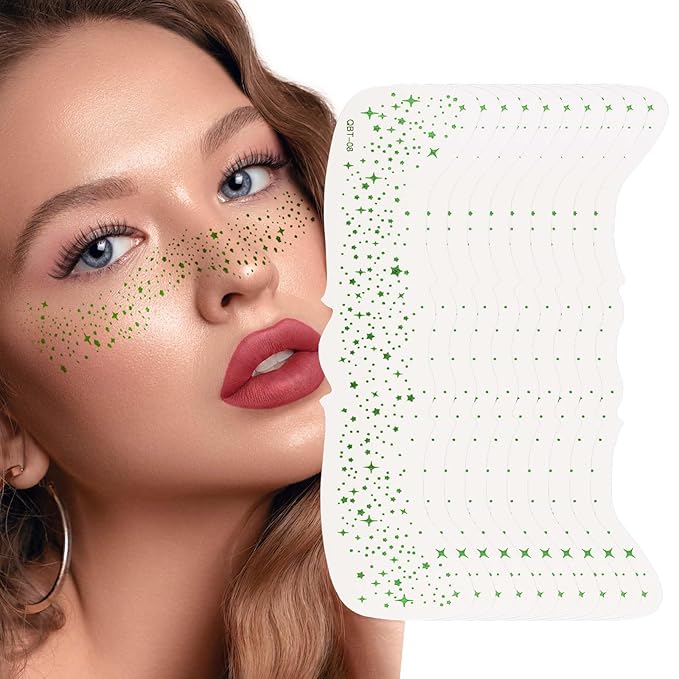 10 Pcs Glitter Freckles Face Tattoo, Face Glitter Makeup Patches, Waterproof Sparkle Freckles Tattoo Fairy Makeup Accessories For Women (Green)