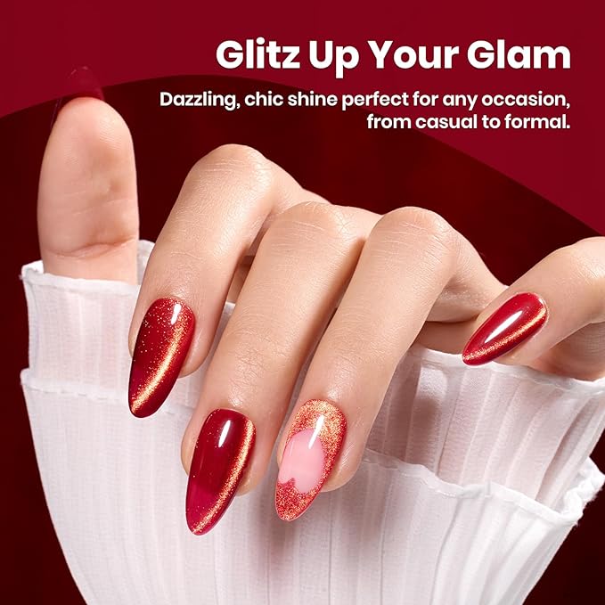 Beetles Red Cat Eye Gel Nail Polish - 15ML Cherry Red Glass Magnetic Cat Eye Glitter Gel Polish with Gold Powder Soak Off UV Twilight Toast Collection Nail Art Design Manicure Gifts for Women