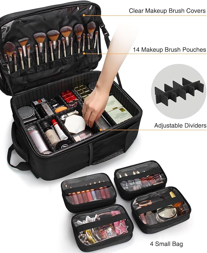 Makeup Backpack Makeup Artist Bag Professional Extra Large Cosmetic Bag Travel Train Case Storage Organizer Double-Layer Large Capacity Cosmetic Case with 4 Pouch(Black)