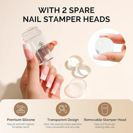 MelodySusie Nail Stamper Kit, Silicone French Tip Stamp Tool, 1PC Stamper, 1PC Scraper, 2PCS Stamping Plates, 2PCS Silicone Replaceable Heads for DIY Home French Manicure & Salon Art, Transparent