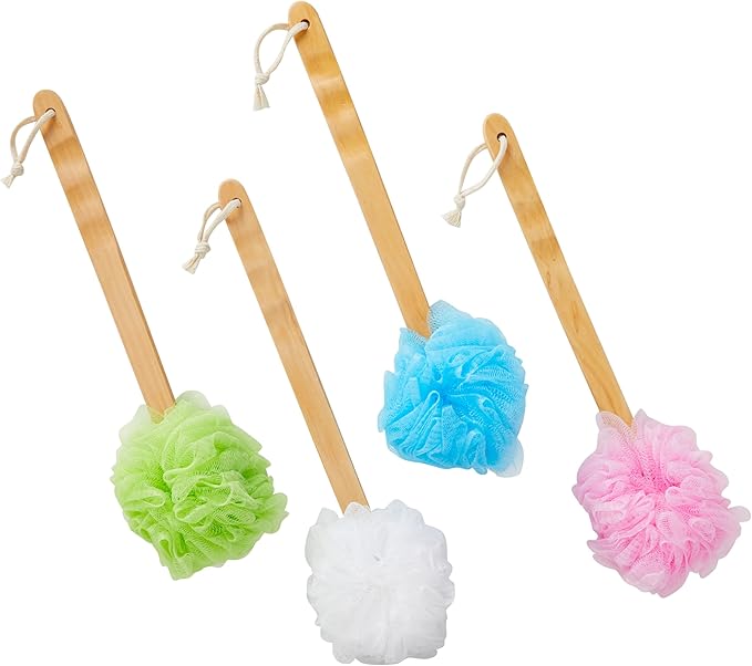 Juvale Loofah Back Scrubber for Shower - 4 Pack, Assorted Colors, 16 in - Loofah with Handle - Body Scrubber & Shower Brush with Long Handle