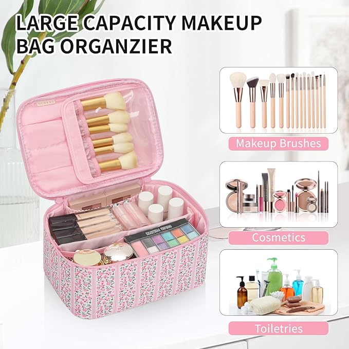 OCHEAL Makeup Bag for Women - Travel Cosmetic Organizer with Brush Slot & Divider, Large Capacity Toiletry Bag for Girls, Travel Makeup Case for everyday Make up Accessories -Pink Floral
