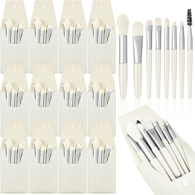 Tioncy 12 Sets Travel Makeup Brush Set Bulk Brushes Bag Bridesmaid Gift Synthetic Fibre Face Make up Brushes Angled Blush Brush for Wedding Bridal Shower Favors Bachelorette Party Gift(White)