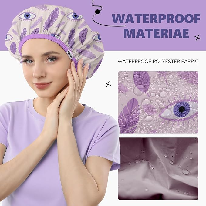 Years Calm Evil Eye Shower Caps for Women Reusable Waterproof, Pattern and Solid Color Dual-Layer Design, Hair Cap for Shower with Elastic Band, Fits Braids, Dreadlocks & Long Hair (Purple)