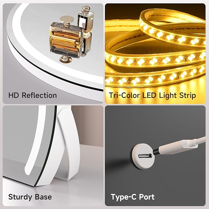 Hasipu Vanity Mirror with Lights, 13.8" x 10.7" LED Makeup Mirror, Lighted Makeup Mirror with Lights, Smart Touch Control 3 Colors Dimmable Mirror, White