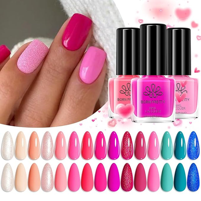 Born Pretty Pink Nail Polish Set Fingernail, 15 Colors Hot Pink Neon Nude Natural Bright Spring Summer Quick Dry Nail Lacquer for DIY Nail Art Salon Home Valentines Day Gift for Women
