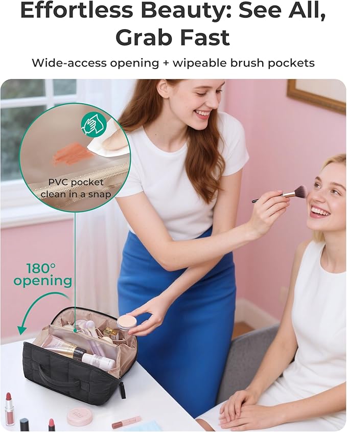 BAGSMART Travel Makeup Bag for Women, Portable Water-resistant Cosmetic Case, Puffy Padded Make Up Organizer Pouch, Open Flat Toiletry Bag for Toiletries, Brushes, Pink