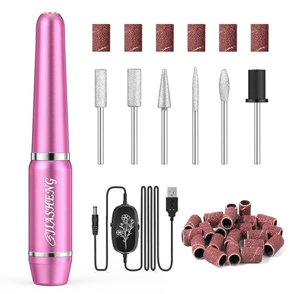 JIASHENG USB Electric Nail Drill, Portable File for Acrylic Gel Nails, Professional Manicure and Pedicure Kit With Drill Bits for Home and Salon Use, Rose Red