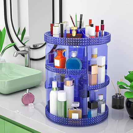 360 Large Rotating Makeup Organizer Countertop, Blue Acrylic Makeup Organizers, Organizador De Perfumes, 7 Layers Large Make Up Organizer, Huge Storage Fits for Vanity and Bathroom - Plus Size Blue