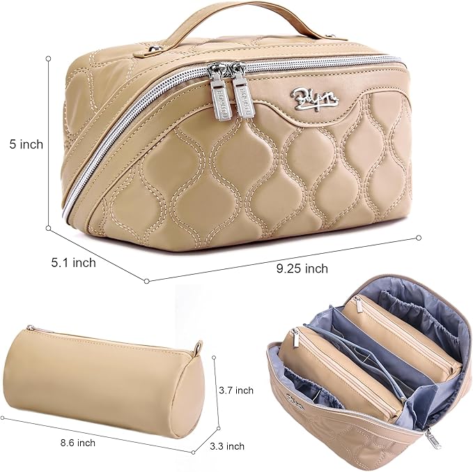 Travel Makeup Bags for Women Cosmetic Bag: Puffy Make up Bags Set of 3 - Vegan Leather Makeup Organizer - Waterproof Large Toiletry Bag with Compartments - Travel Essentials (Khaki)