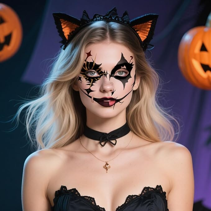 Halloween Black & Gold Glitter Face Tattoo, Face Temporary Tattoos Face Temporary Tattoo Sticker, Halloween Makeup Tattoo Stickers for Women, Men, Kids, Festival, Cosplay, Halloween 8Pcs