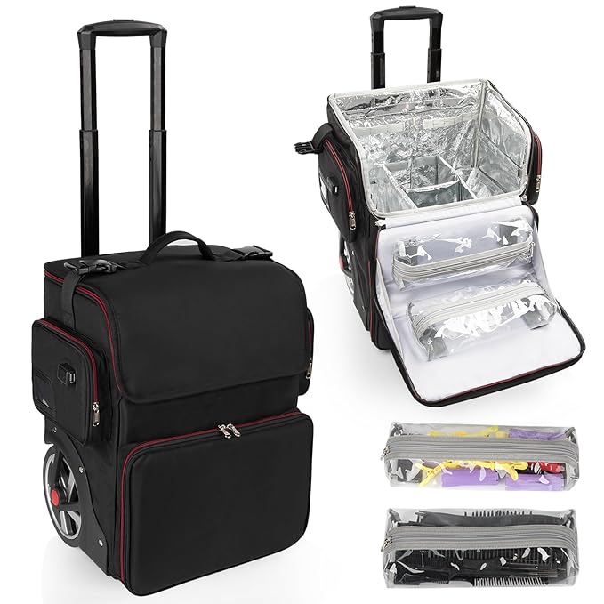 Large Makeup Train Case,Cosmetic Makeup Case for Hairstylist, Hairdresser Bag with Detachable Pouch,Heat Insulation and Anti-scalding Full layer for Hairdressing Tool Organizer Trolley with wheels