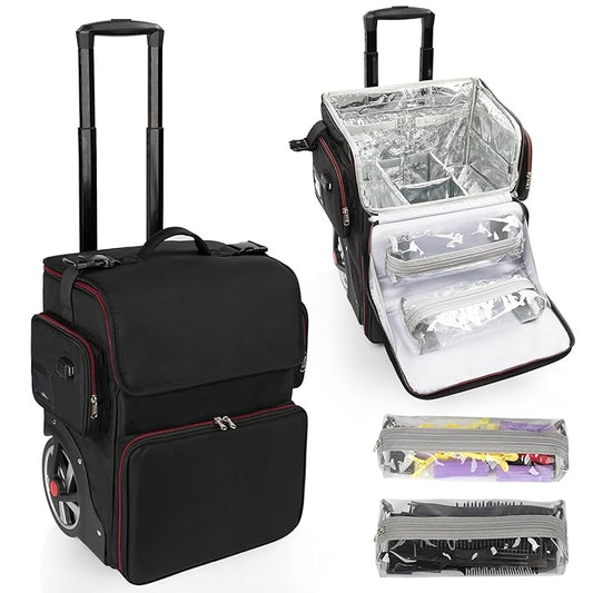 Large Makeup Train Case,Cosmetic Makeup Case for Hairstylist, Hairdresser Bag with Detachable Pouch,Heat Insulation and Anti-scalding Full layer for Hairdressing Tool Organizer Trolley with wheels