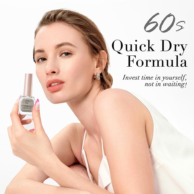 AZUREBEAUTY Silver Glitter Nail Polish Metallic Fast Drying Natural Shine Nail Lacquer Fingernail Polish Salon-Quality for Women 10ml