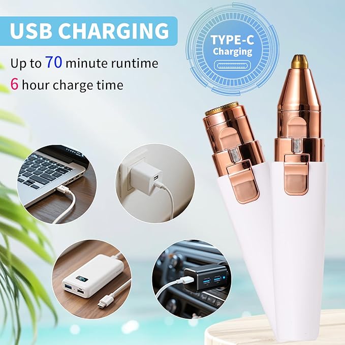 Facial Hair Removal for Women,2 in 1 Electric Hair Removal Device for Chin Upper Lip Peach Fuzz & Rechargeable Eyebrow Trimmer with LED Light for Precise Shaping