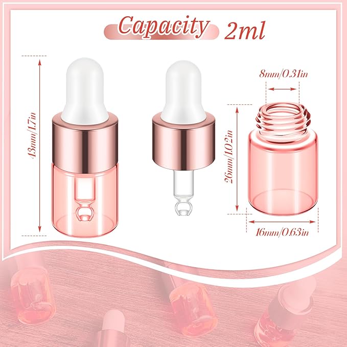 100 Pcs Mini Glass Oil Dropper Bottle Bulk, Clear Essential Small Empty Bottles Sample Containers Perfume Liquid Vials with Cap for Traveling (2 ml,Pink Body)