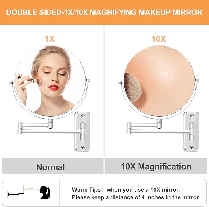8” Wall Mounted Makeup Mirror - 1X/10X Double Sided Magnifying Bathroom Mirror, 360° Swivel Extendable Vanity Shaving Mirror with Adjustable Arm for Bathroom, Chrome（No Light）