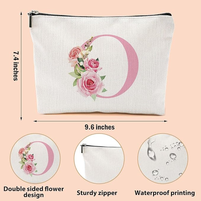 Pink Monogram Makeup Bag, Initial O, Cosmetic Bag Personalized Travel Organizer Bags Makeup Pouch, Monogrammed Gifts for Women Girls Friend Sisters Daughter Bridesmaid Wedding Bridal Shower Gifts