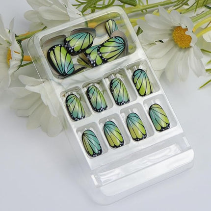 Short Press on Nails Oval Fake Nails with Cute Butterfly Designs Black Nails Press ons Yellow Green Gradient Acrylic Glue on Nail Spring Summer for Women 24 Pcs