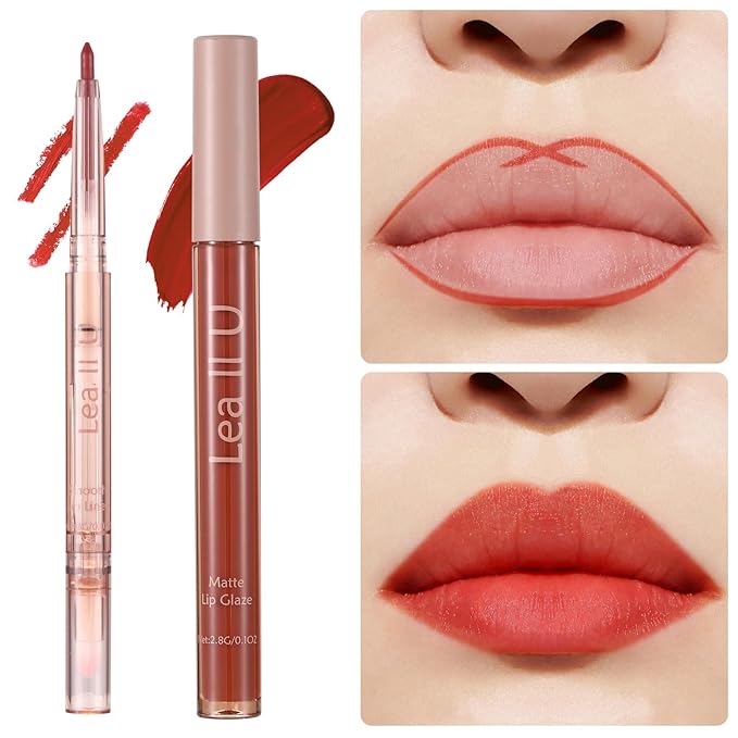 Lip Liner & Lip Glaze Set, Waterproof Smooth Lip Liner, Long Lasting Matte Lip Glaze, Velvet Lip Glow, 2 Pcs, Nude Lipstick, 5 Colors (03#Rose Cocktail)