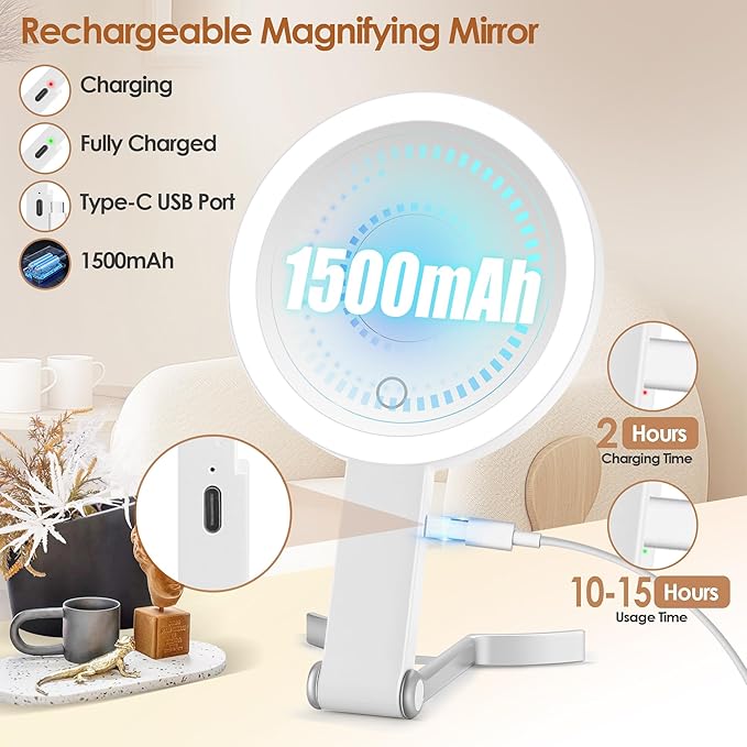 MIYADIVA Magnifying Mirror with Light, Double Sided 30X/1X Lighted Travel Makeup Mirror with Magnification, 3 Color Lighting, Dimmable Touch Screen, Adjustable & Foldable Hand Mirror (White)