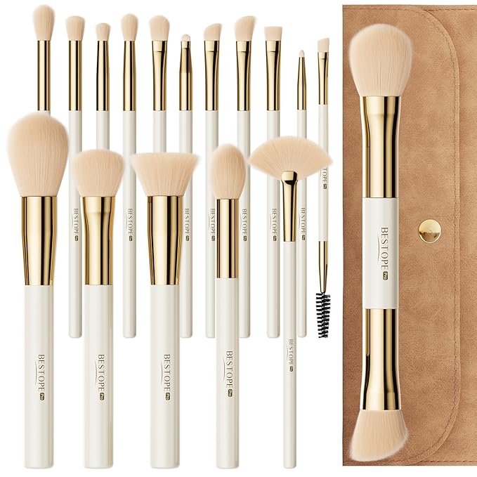Makeup Brushes Set Professional BESTOPE PRO - 18 Pcs,Double Ended Foundation Concealer Blush Eyeshadow Contour Eyeliner Face Makeup Brush Set,Blending Brush For Makeup With Case Travel,White