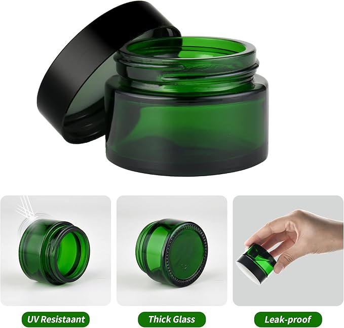 2 oz Reusable Green Glass Container Jars 24 Pack with Wide-mouth Leak Proof Cap and Inner Pull-On Lid for Travel Storage Makeup, Face Creams, Body Lotions, DIY Crafts or Others