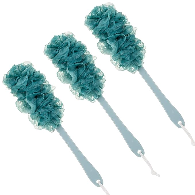 Back Scrubber for Shower,Loofah Long Handle Bath Body Brush,Soft Nylon Mesh Sponge for Shower,Loofah On a Stick for Men Women,Exfoliating Scrub Cleaning Luffa for Elderly(3-Pack,Blue)