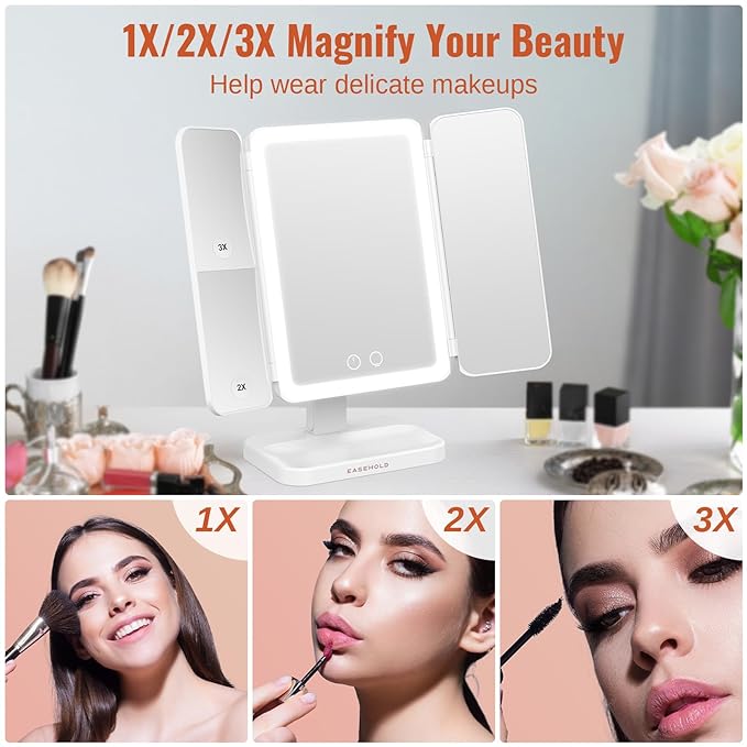 EASEHOLD Lighted Makeup Mirror with 3X Magnification, 3 Color Lights & Touch Sensor - Rechargeable Trifold Vanity Mirror for Travel, Desk, Home Use